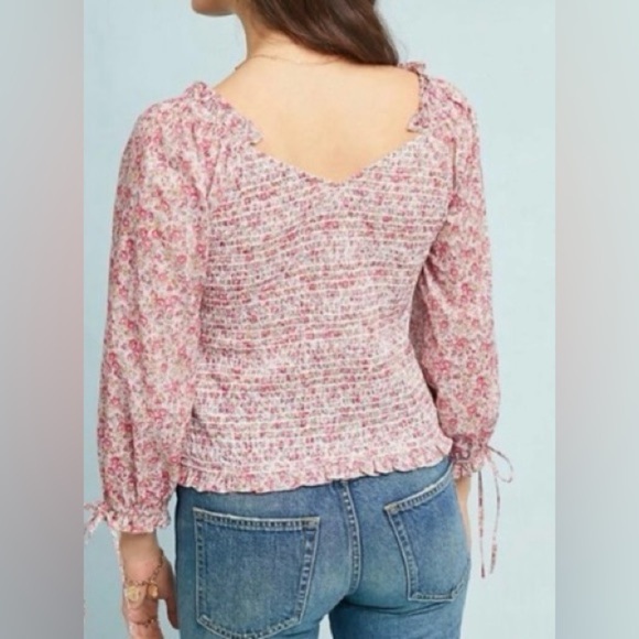 Anthropologie Ranna Gill Floral Pink Smocked Long Sleeve Blouse Size XS Feminine - Picture 2 of 12